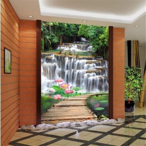 Beibehang Custom living room corridor entrance natural waterfall wooden bridge lotus leaf Photo wallpaper mural papel de parede