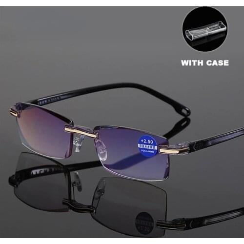 Square Rimless Reading Glasses Anti Blue Light Blocking Women Men Frameless Presbyopic Glasses With Case +1.0~4.0