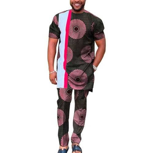 Patchwork Design Short Sleeve Tops With Pant African Festival Men Suits Wedding Party Outfits Customized