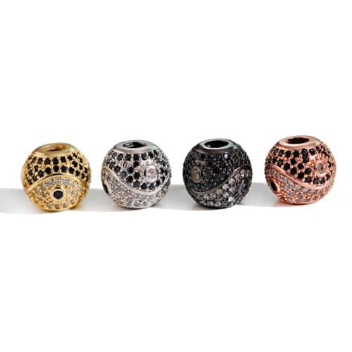 2 piece/Lot Copper Bead Round Tai Chi Pattern Gold Color Copper Inlaid Black White Zircon For DIY Handmade Bracelet 2020 Jewelry