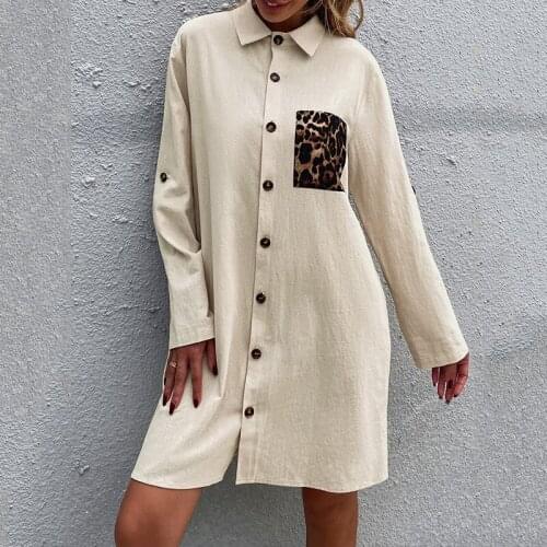 Fashionable Comfortable Dress Womens Fall2021New Leopard Print Pocket Single-breasted Lapel Loose Mid-length Dress Without Belt