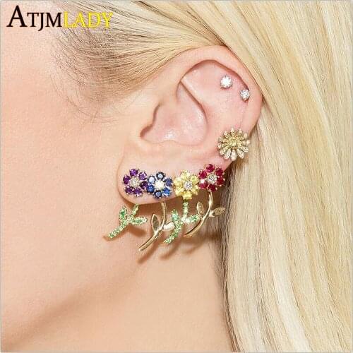 Fashion Gold Color geometric dainty flower leaf stud Earrings Wholesale For Women double side cz earring Geometry Brincos Bijoux