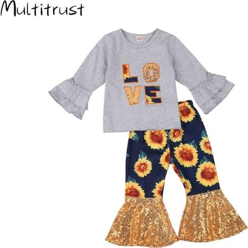 1-6Y Fashion Toddler Kids Girls Clothes Sets 2pcs Love Leopard Print Long Sleeve Pullover Tops Flare Pants