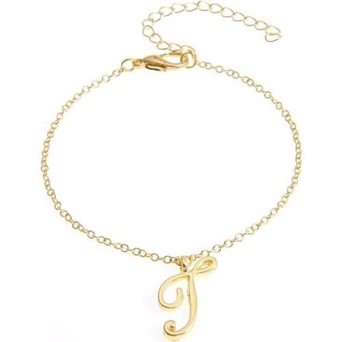 Monogram Cursive Initial T Name Bracelet Swirl English Alphabet Letter Initials Text Character Chain Bracelets Gift for Friends