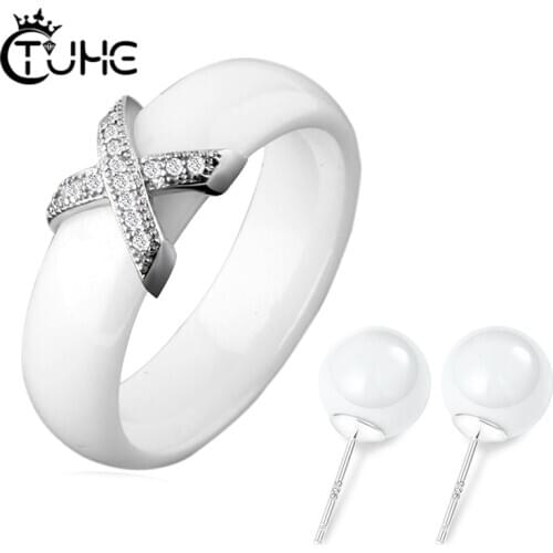 Classic Black White Smooth Ceramic Jewlery Set 6mm X Ceramic Rings With Round Ceramic Ear Pin Stud Earrings For Women Sets