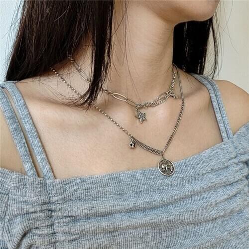 Retro Elephant Star Pendant Necklace Girls Clavicle Accessories Vintage 925 Silver Female Choker Necklace Women Birthday Gift