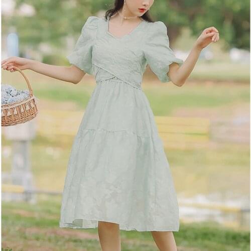 Square Neck Bubble Short Sleeve Tie Bowknot Flower Dress Women Summer Mori Girl Green Sweet Gentle Party Dresses