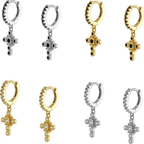 925 Silver Ear Buckle Cross Pendant Drop Earrings Black Zirconia Huggie Hoop Earrings for Women Festival Gifts Jewelry