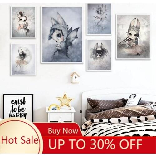 Modern Rabbit Girls Angel poster Canvas Painting Spray Color Art Poster Kids Baby Nursery Room Decor Scandinavian Wall Murals
