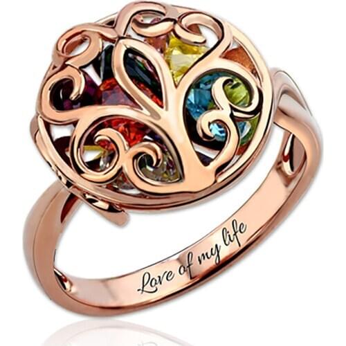 Uonney Dropshipping Round Cage Family Tree Ring Jewelry Birthstone Valentines Day Gift Silver Rose Gold Color Enterprise Custom