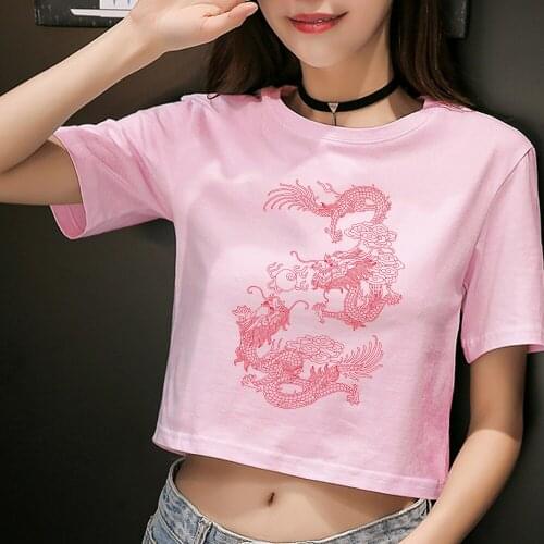 Hip Hop Sexy Cropped Top T Shirt Women Grunge Dragon Graphic T Shirt O-neck Tshirt Feminino Summer Fashion Crop Top Ulzzang