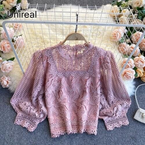 Unireal 2021 Summer Women Lace Blouse Elegant Hollow Out Sexy White Blouse Female Vintage Tops