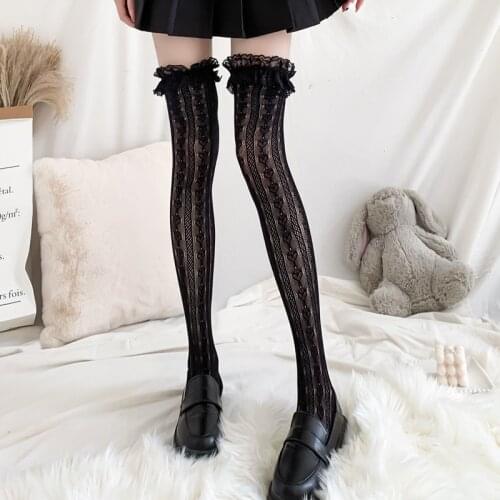 Women Japanese Black and White Jk Lolita Cute Kawaii Lace Heart Thigh High Tights Stockings Pantyhose