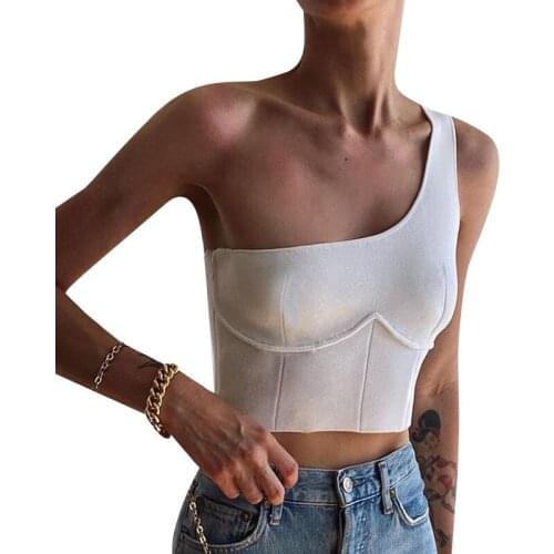 Women Summer Crop Tops, Solid Color One Shoulder Sleeveless Tight-Fitting Tank Tops for Girls, Black/White