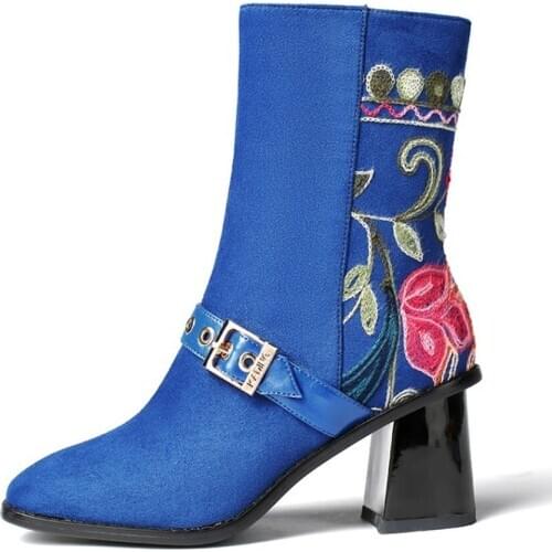 US4-11 Womens Suede Leather Ankle Boots Embroidery Belt Buckle Block High Heel Side Zipper Shoes Warm Winter Plus Size New 2020
