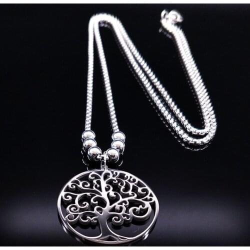 2021 Fashion Tree of Life Stainless Steel Necklace Silver Color Chain Necklace for Women Jewelry collares largos de moda N35S02