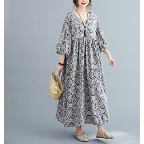 Johnature New Korean V-neck Half Sleeve Print Loose Dresses 2021 Autumn Casual Korean Lantern Sleeve Women Dress