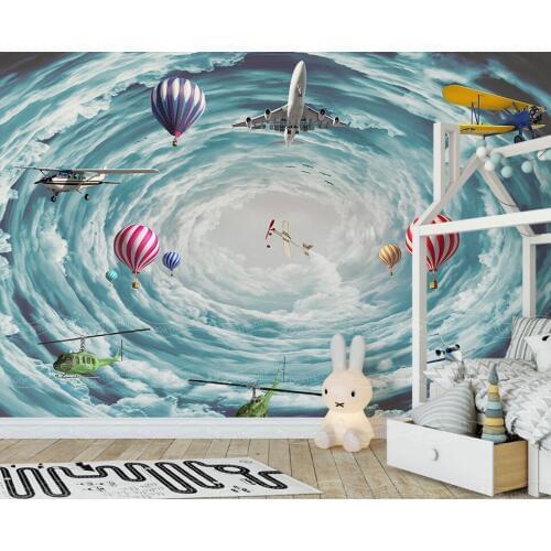 Bacaz 8D Space Sky Airplane Fire Balloon 3D Cartoon Mural Wallpaper for Baby Child room 3d Wall Mural Wall paper Wall Decor