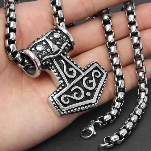 Granny Chic Fashion Mens Vintage High Quality Silver Stainless Steel Casting Thors Hammer Pendant Box Necklace