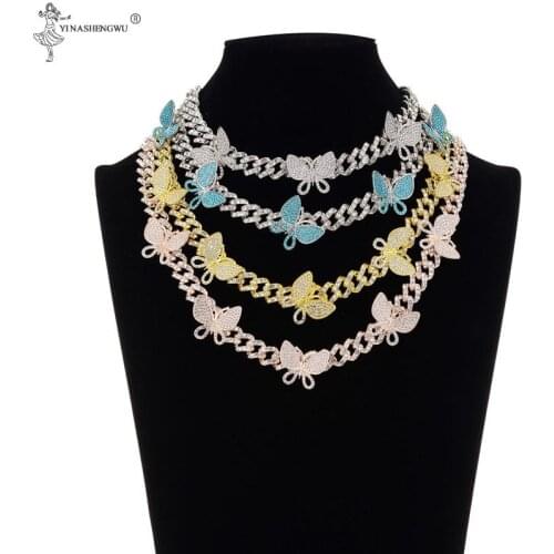 Hip hop Iced Out Bling Men Women Chain Necklace Butterfly Miami Cuban Chain HipHop Necklaces Fashion Charm Bracelet Jewelry Gift