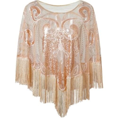 Women Net Yarn Irregular Tassel Shawl Wraps Sequin Cape Bridal Wedding Shawls Flapper Fringe Blouses Round Neck