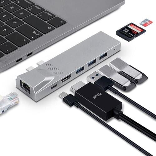 8 In 1 Docking Station USB C Adapter with 4K HDMI Dual Type C 3 Port USB3.0 Hub SD TF Card Reader 1000Mbps for MacBook Pro Air