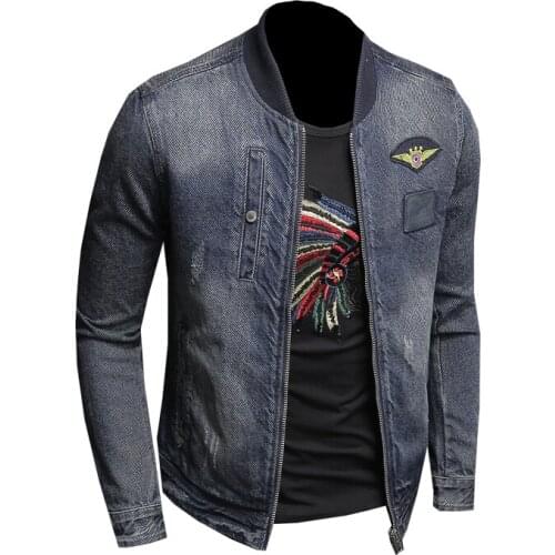 Denim Jacket Men Jeans Coats European Style Stand Collar Zipper Patch Slim Motorcycle Bomber Pilot Blue Casual Outwear Clothing