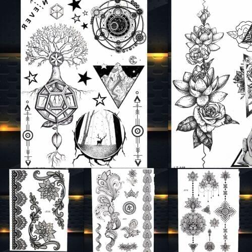 Geometric Magic Design Black Henna Temporary Tattoos For Women Sticker Triangle Tree Fake Tattoo Body Art Custom Tatoos Girls