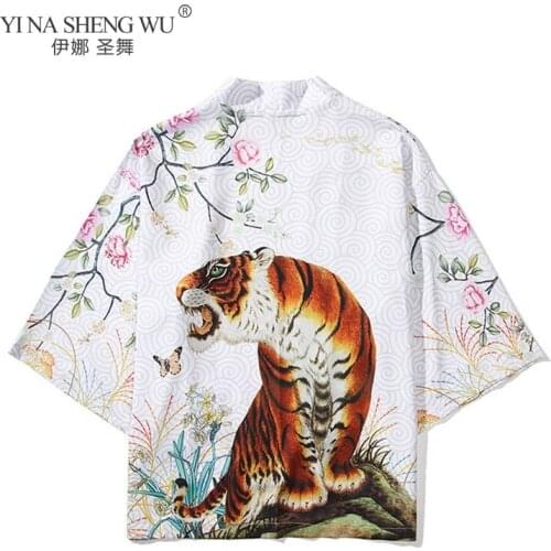 Japanese Style Fashion Anime Tiger Cardigan Kimono Cosplay Harajuku Coat Men Yukata Streetwear White/black Traditional Robe Top