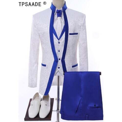 Costume White Royal Blue Rim Stage Clothing For Men Suit Set Mens Wedding Suits Groom Tuxedo Formal (Jacket+Pants+Vest+Tie)