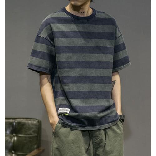 2021 new mens short-sleeved Tshirt round neck summer striped cotton loose half-sleeved short-sleeved Tshirt