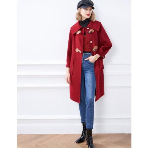 New British Style Horn Button Double Faced Woolen Overcoat for Women in Autumn 2021