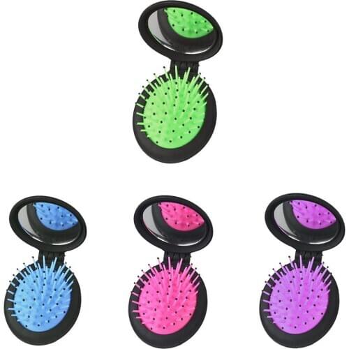Portable Folding Travel Makeup Soft Scalp Massager Comb Hair Brush with Mirror