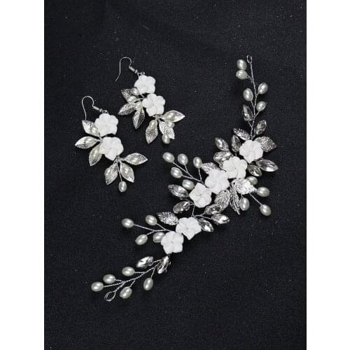 Trendy Pure White Flower Hair Jewelry Silver Elegant Women Headband for Bride Headdress Wedding Hair Accessories Earrings Set