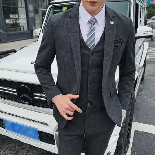 Blazer+Pants+Vest Luxury Men Suit 3 Pcs Set Fashion Boutique lattice Groom Wedding Dress Mens Tuxedo Men Banquet Club Business