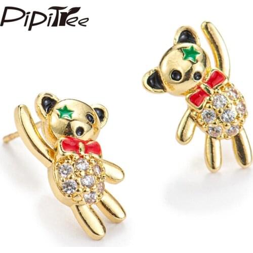 Pipitree Cute Red Bowknot Bear CZ Stud Earrings Gold Color Enamel Cubic Zirconia Ear Studs Trendy Jewelry