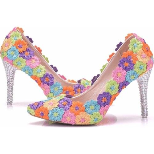 Crystal Queen Colorful Lace Flower Wedding Shoes Multicolor High Heel Banquet Pumps Handmade Cinderella Prom Party Woman Shoes
