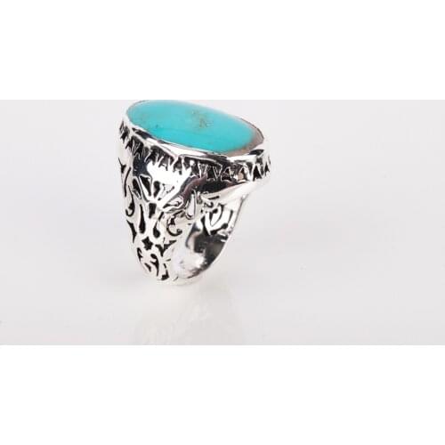 UM US JEWELRY Turquoise Natural Stone Hand Embroidered 925 Sterling Silver Men Ring
