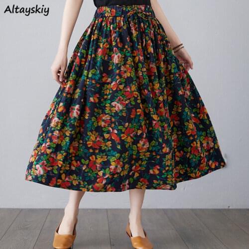 Skirts Women High Waist Printed 2021 New A-line Retro Loose Oversize Korean Style Spring Summer Long Casual Holiday Chic Floral