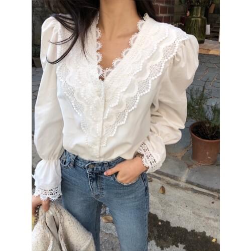 2021 New Elegant White Tops Sweet Women Lace Shirt Hollow Out Stitching V-neck Button Up Puff Sleeve Blouse Shirts