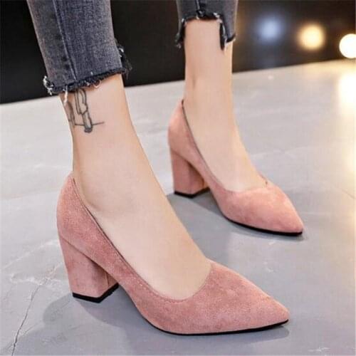 Women Pumps Brand Thick High Heels Black Flock Slip On 7.5CM Pointed Toe Dress Office & Career Party Wedding Shallow Women Shoes