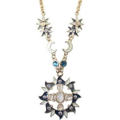Luxury crystal gem opal enamel sun moon pendant necklace for women long sweater chain Jewelry