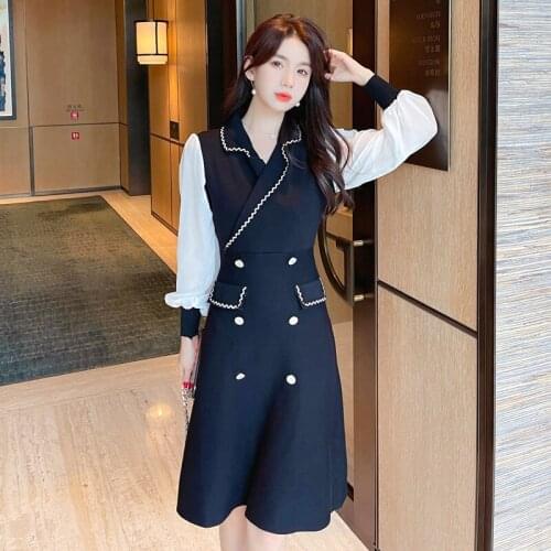 Runway Notched Patchwork Knitted A-Line Dress Women Chic Long Sleeve Double Breasted Autumn Dresses Vestidos OL Lady