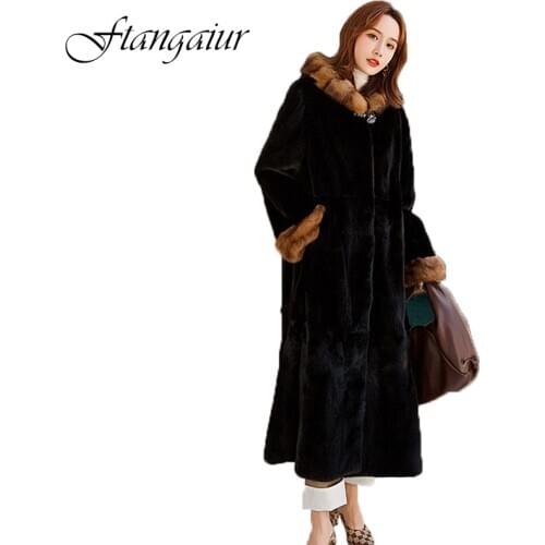 Ftangaiur 2020 Winter Import Purple Standard Velvet Mink Fur Coat Womens Sable Fur Hood Slim X-Long Natural Real Mink Fur Coats