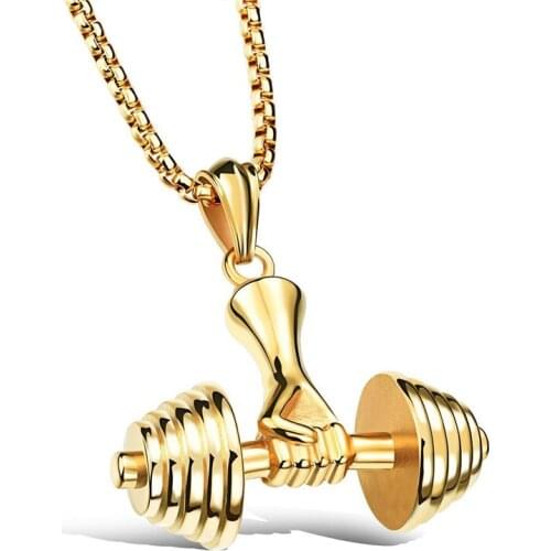 Gold Black Dumbbell Fitness Mens Necklace Pendants Chains For Women Lovers Gothic Hip Hop Stainless Steel Jewelry Gift Wholesale
