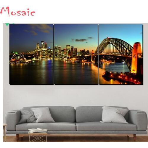 3pcs/set City Night bridge Modern Wall Art diamond painting full square / round diamond Embroidery for Living Room Home Decor