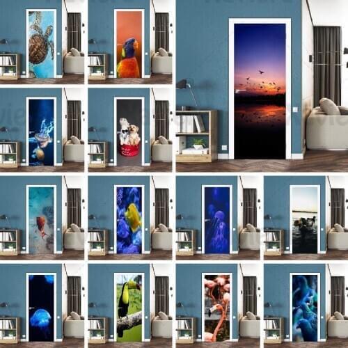3D Door Stickers Marine Animals & Seabirds Flamingo Home Decoration Accessories Natural Landscape Pattern Art Door Sticker Custo