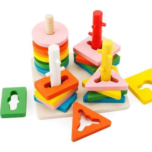 Color Digital Cognition Wooden Toy Children Early Educational Childhood Shape Geometry Five Pillars Matching Puzzle Game M20