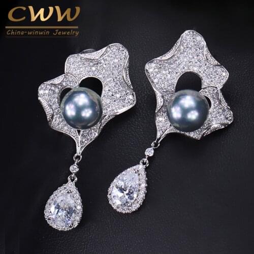 CWWZircons Fashion Women Micro Pave CZ Jewelry Long Gray Pearl Dangle Earring with Water Drop Cubic Zirconia Stone CZ158