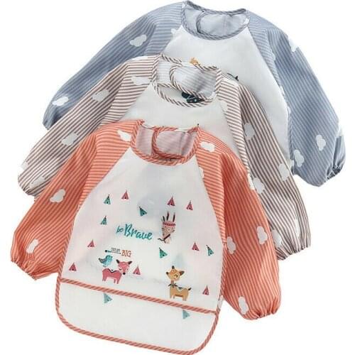 Toddler Baby Kids Bib Cartoon Cute Long Sleeve Waterproof Art Smock Adjustable Burp Clothes Burp Feeding Bib Apron Pocket